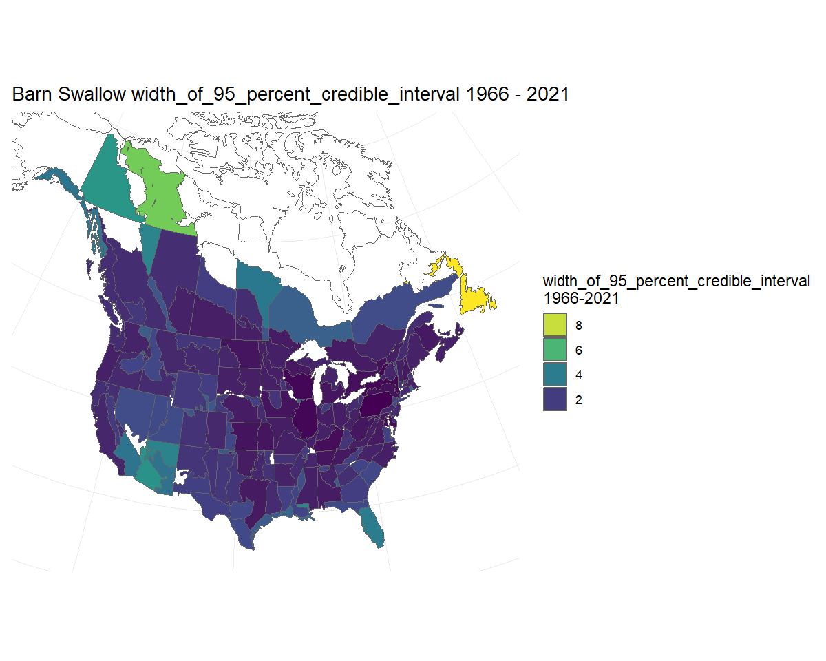 Map of the width of the credible interval on trend estimates for Barn Swallow