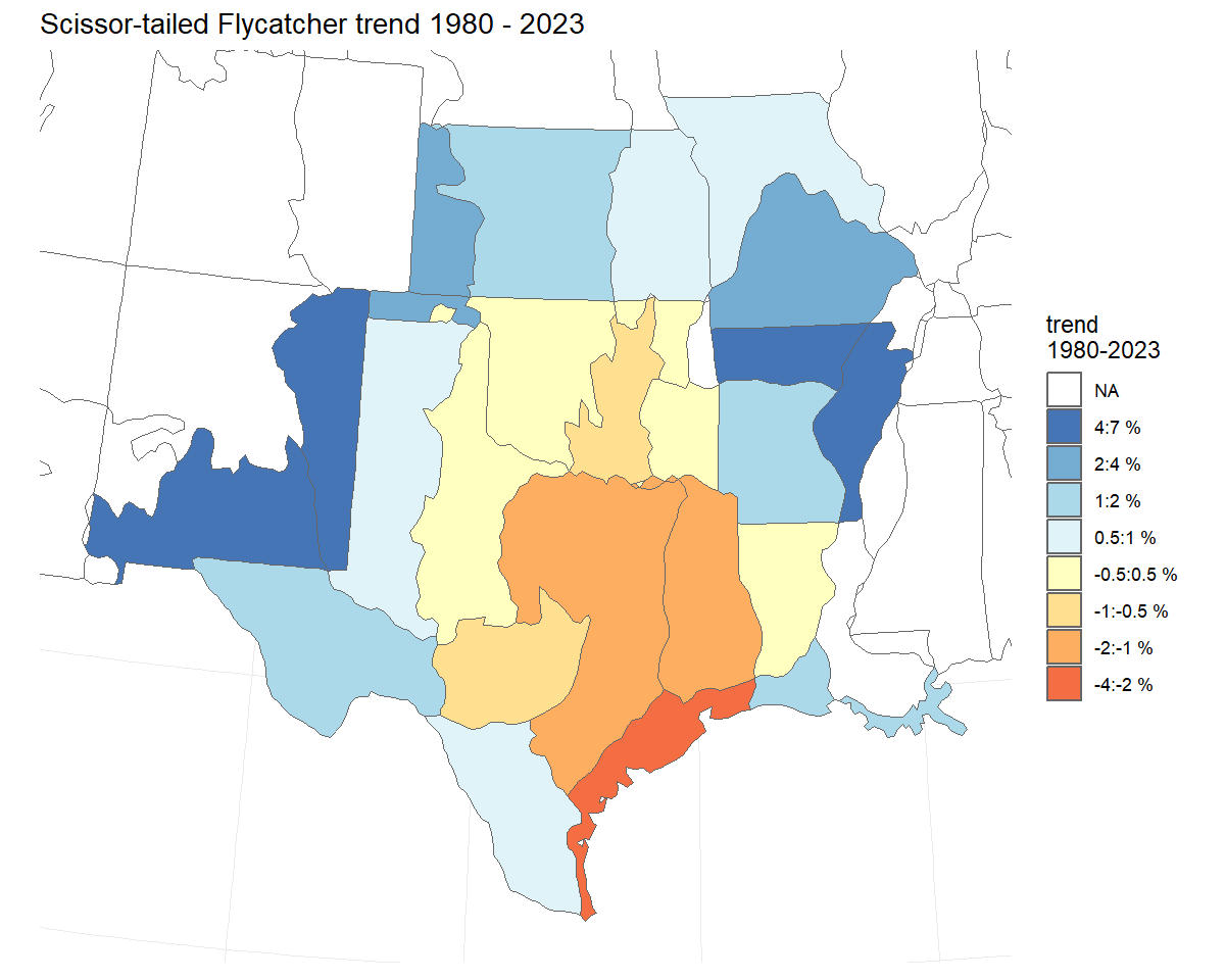 Map of population trends for Scissor-tailed Flycatcher from 1980-2021, using the default end-point trend estimates