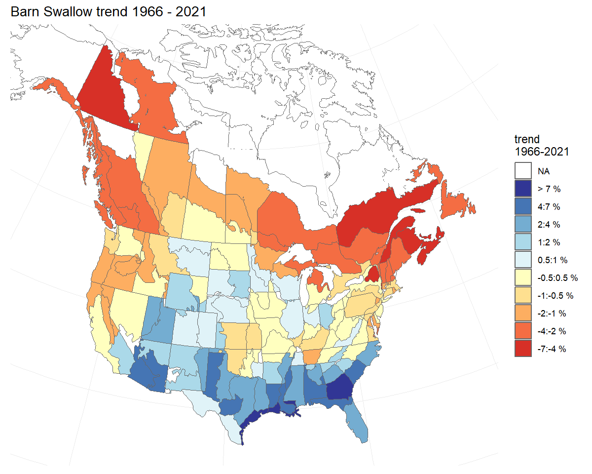 Population trend map for Barn Swallow, showing strata with increasing trends in shades of blue and strata with decreasing trends in shades of red