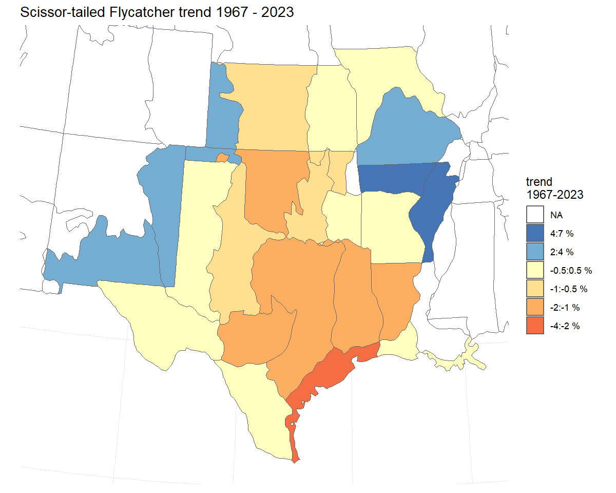 Population trend map showing strata with increasing trends in blues and decreasing trends in reds.