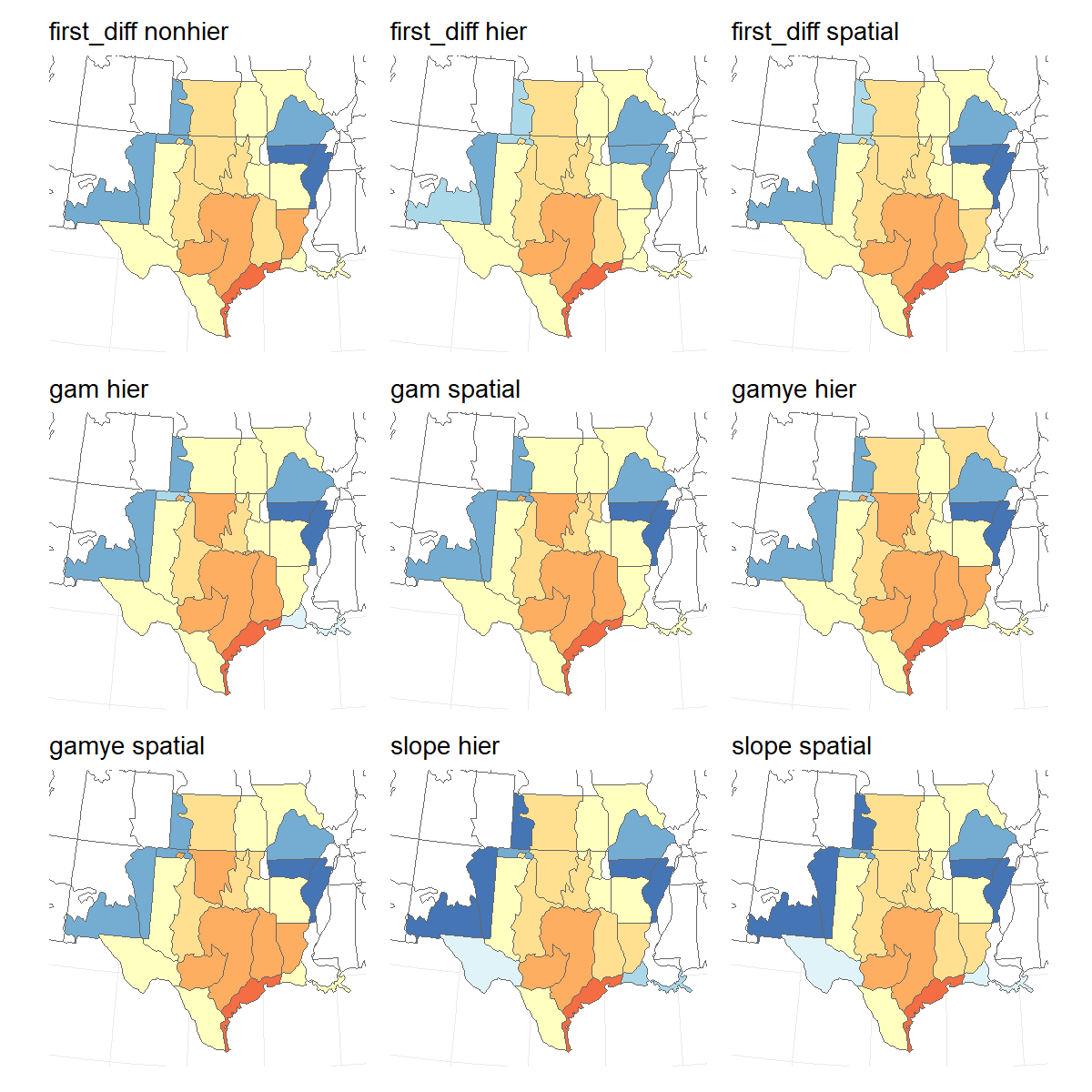 Population trend maps for Scissor-tailed Flycatcher estimated using the 9 different models and their variants available in bbsBayes2