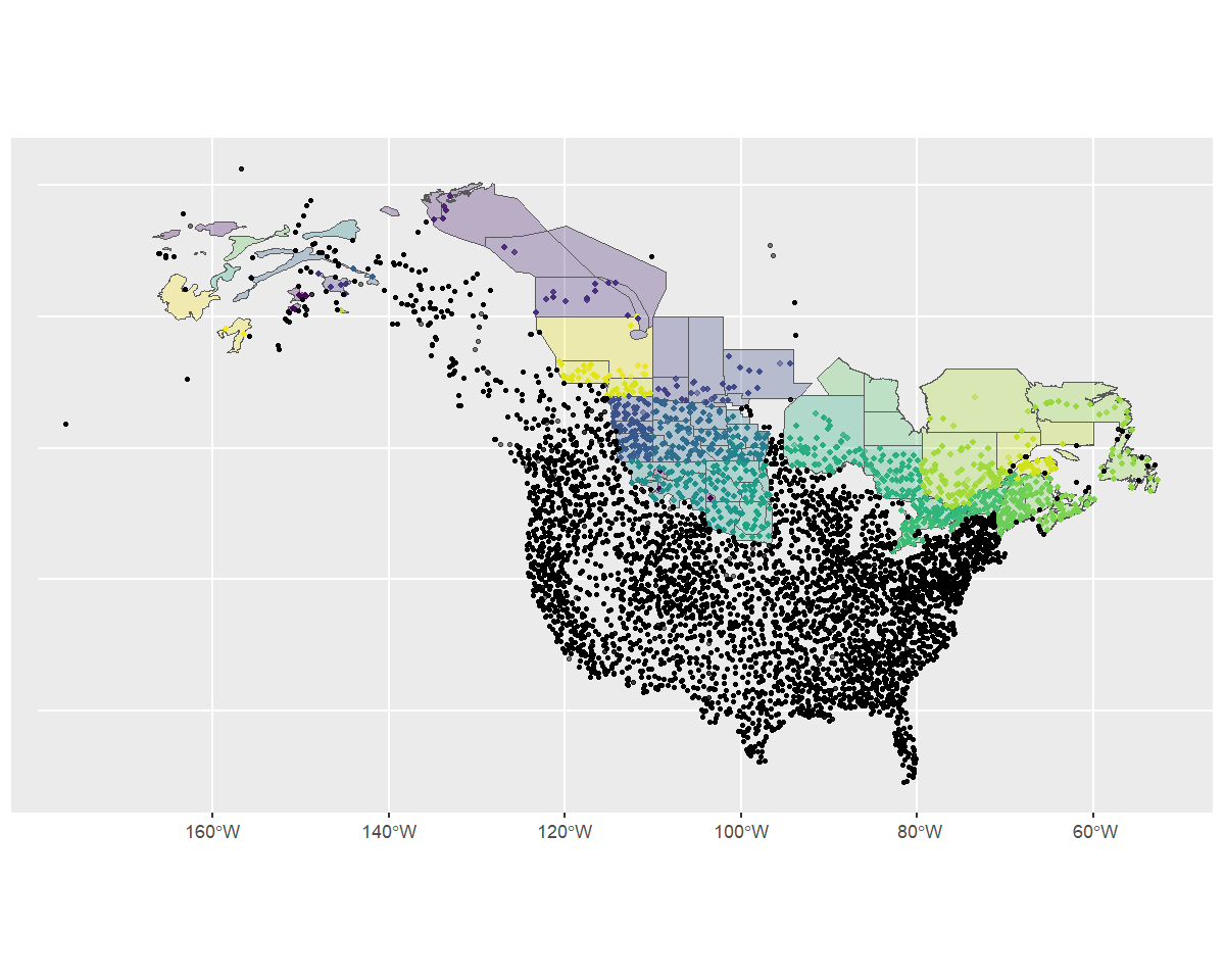 map showing BBS route starting locations that are inside and outside of the custom stratification