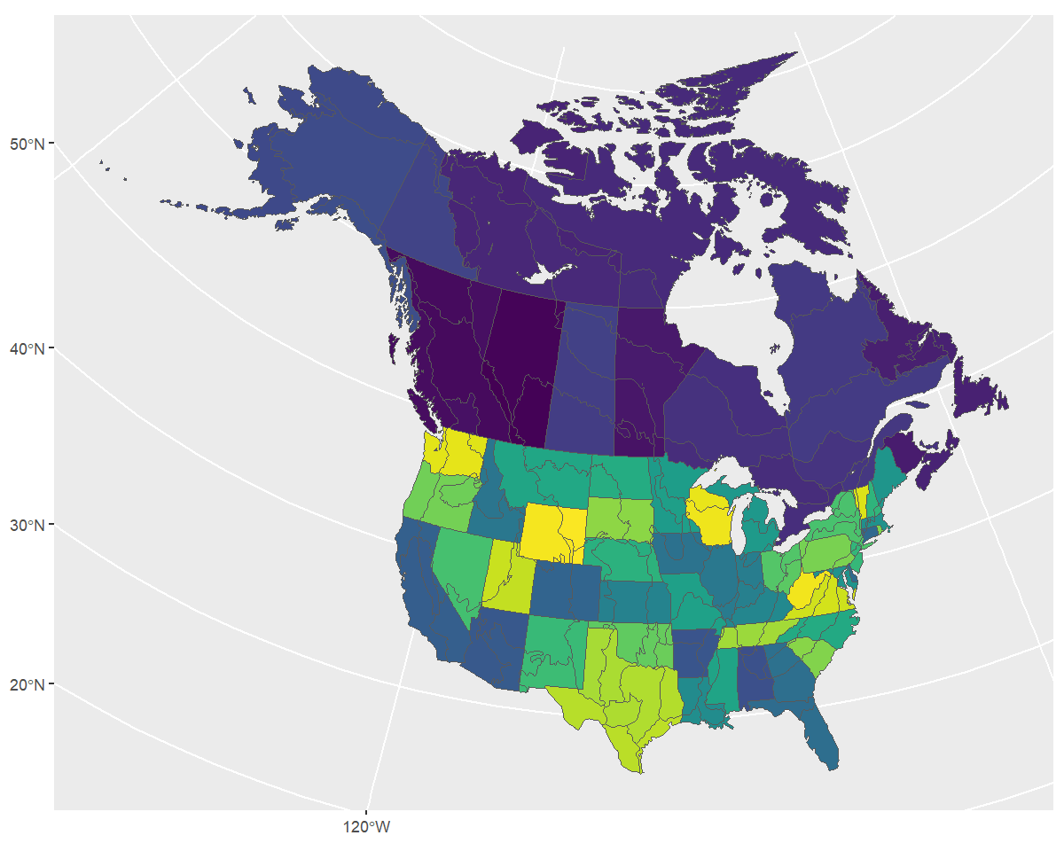 Map of the BBS USGS stratification showing the regions that represent spatial intersections of Bird Conservation Regions with political jurisdictions (Provinces, Territories, States)