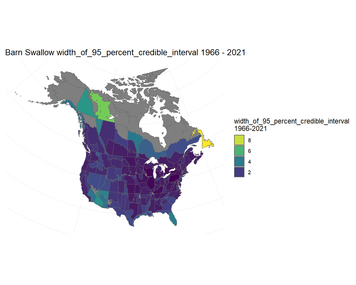 Map of the width of the credible interval on trend estimates for Barn Swallow