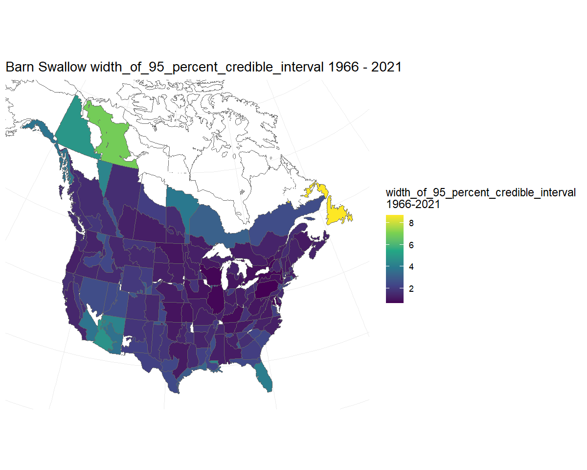Map of the width of the credible interval on trend estimates for Barn Swallow
