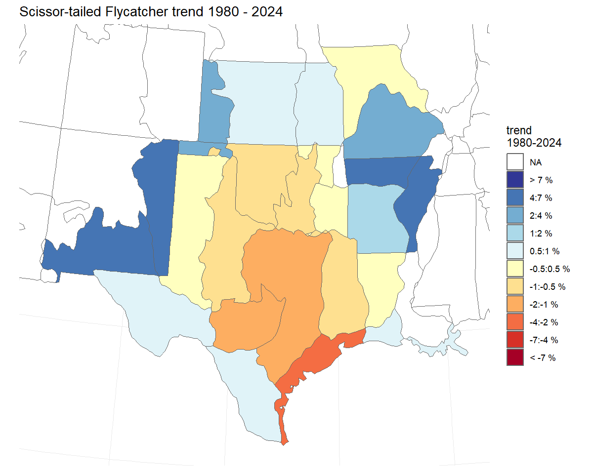 Map of population trends for Scissor-tailed Flycatcher from 1980-2021, using the default end-point trend estimates