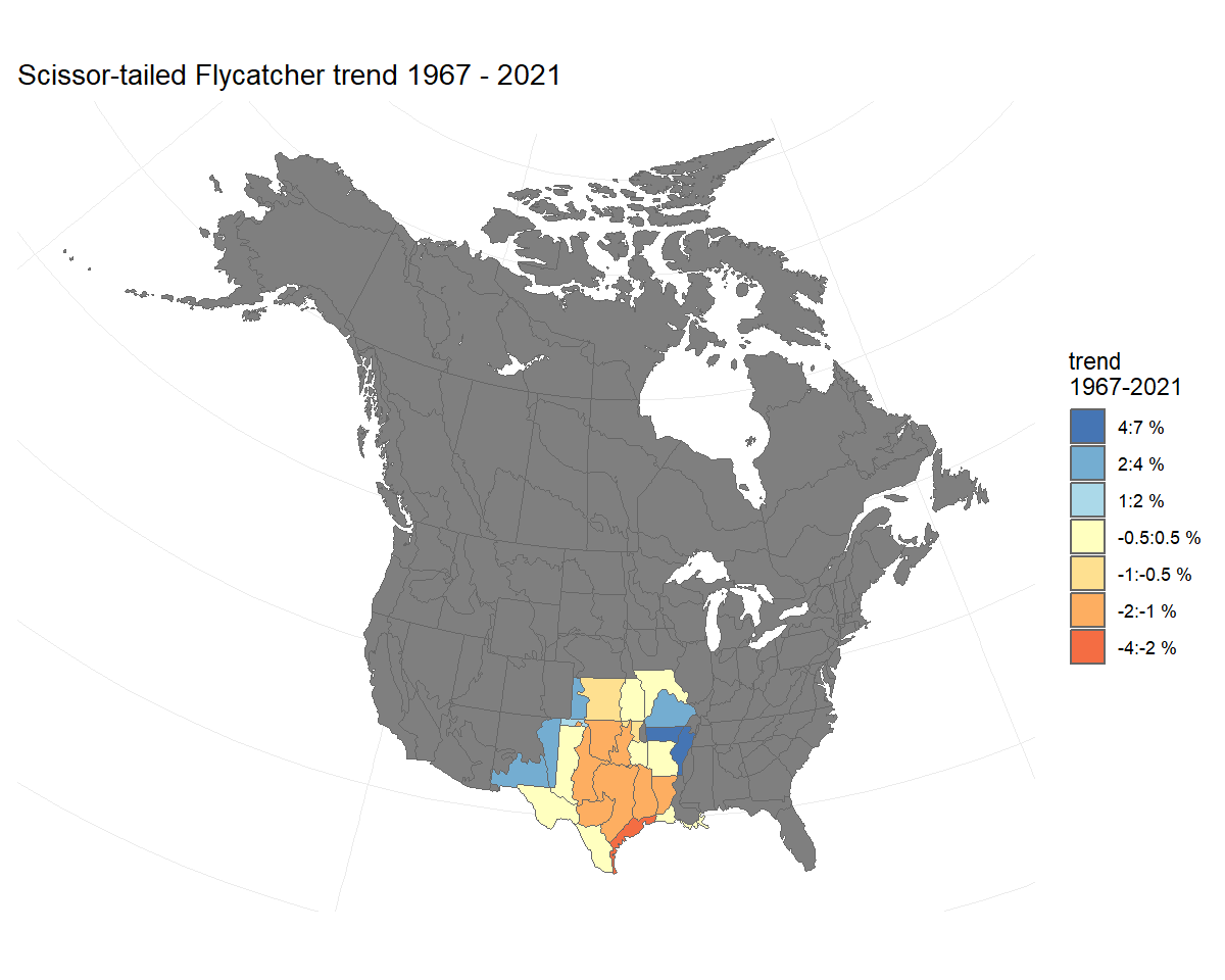 Population trend map showing strata with increasing trends in blues and decreasing trends in reds.