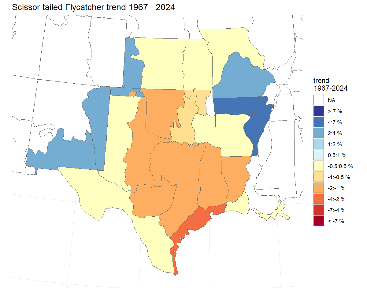 Population trend map showing strata with increasing trends in blues and decreasing trends in reds.