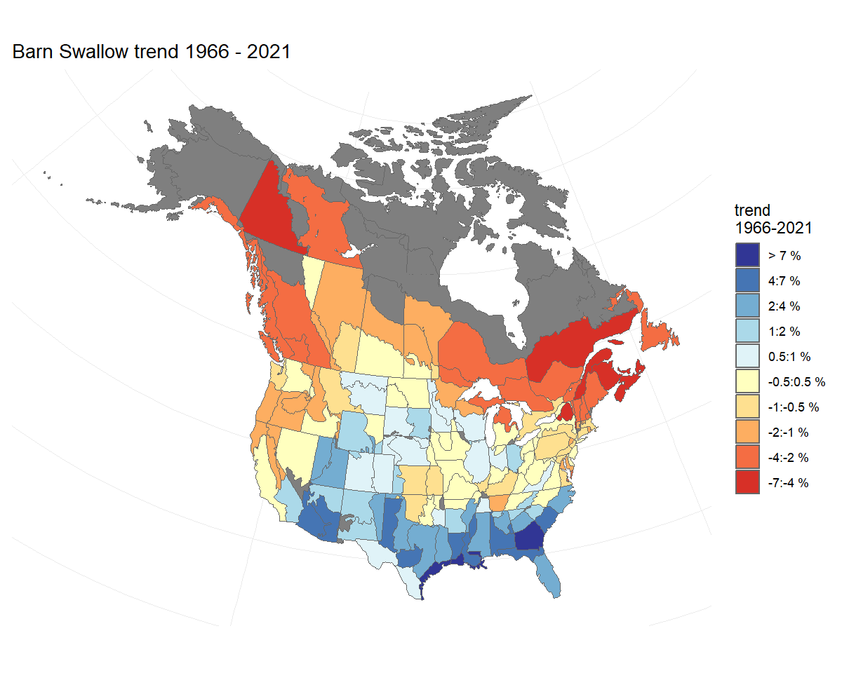 Population trend map for Barn Swallow, showing strata with increasing trends in shades of blue and strata with decreasing trends in shades of red