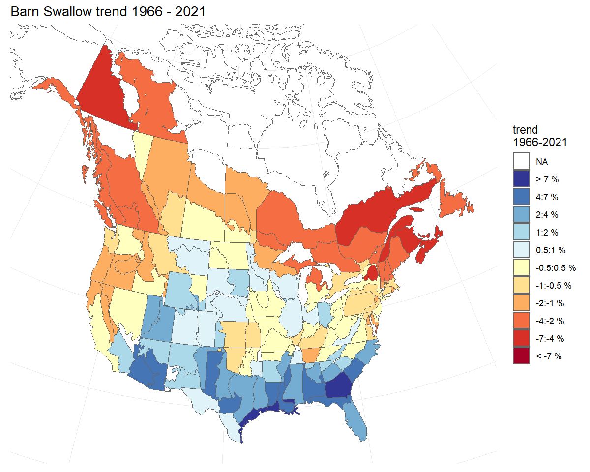 Population trend map for Barn Swallow, showing strata with increasing trends in shades of blue and strata with decreasing trends in shades of red