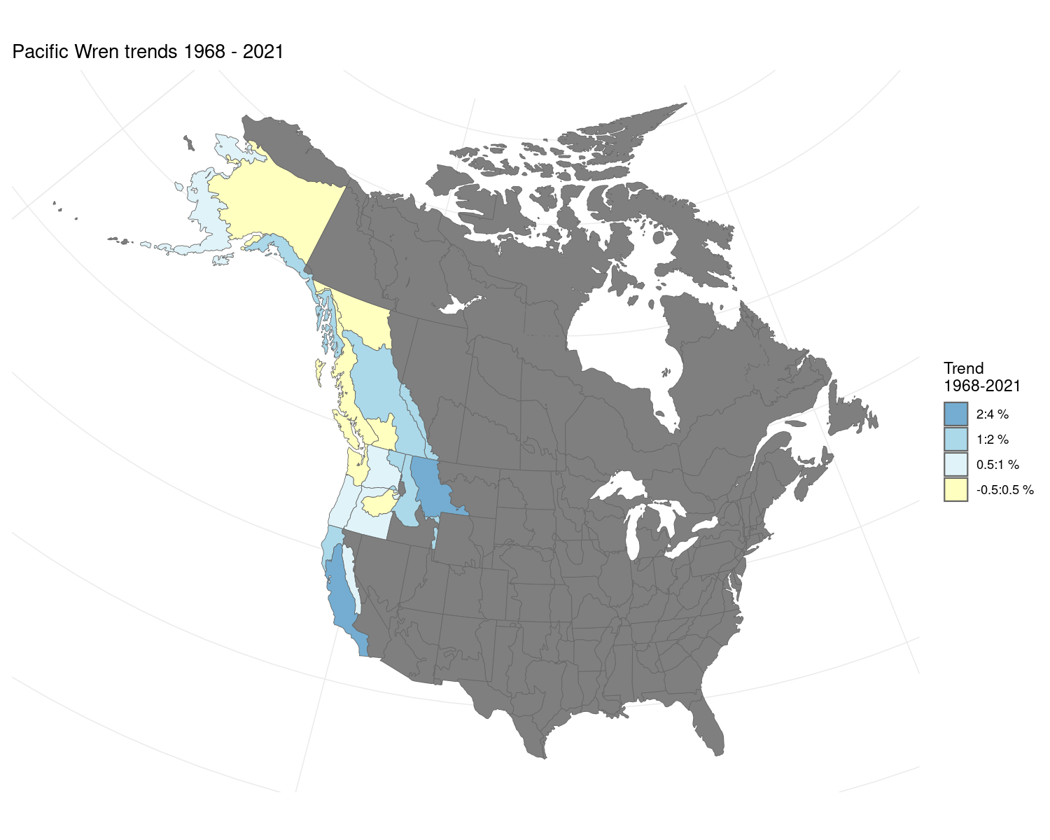 Map of North America showing the stratification areas colour-coded by trend.