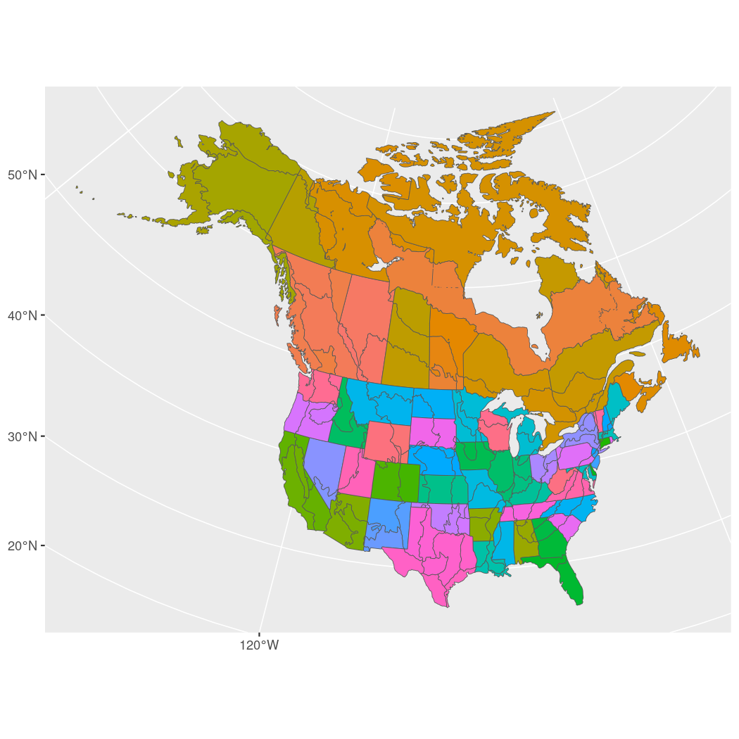 Map of North America show the CWS spatial stratification divisions as different colours