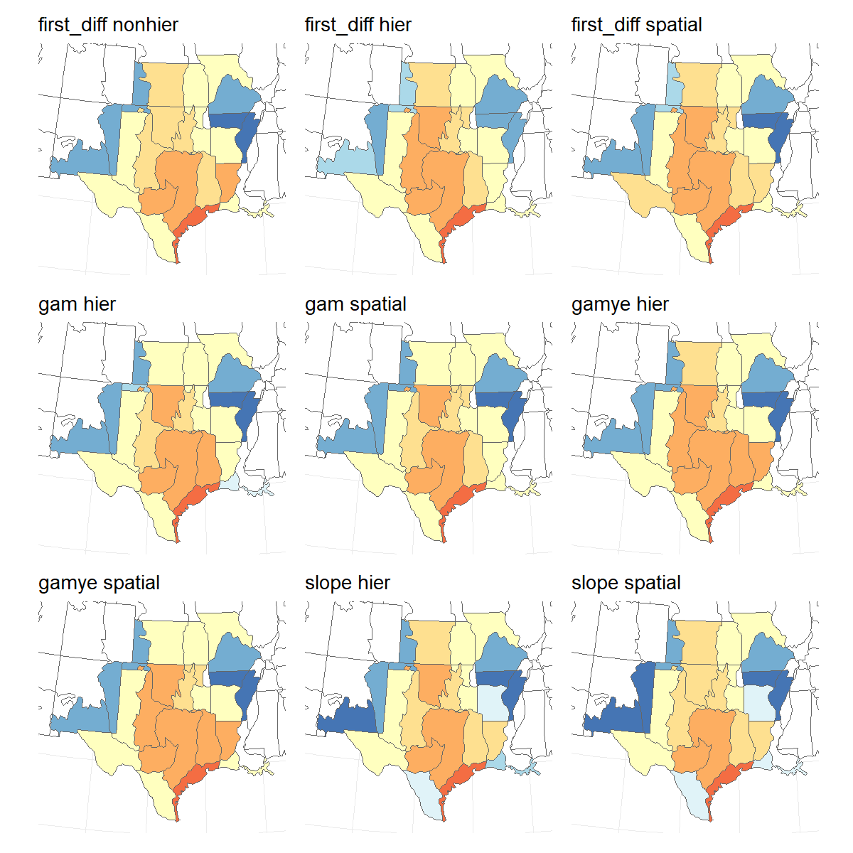 Population trend maps for Scissor-tailed Flycatcher estimated using the 9 different models and their variants available in bbsBayes2